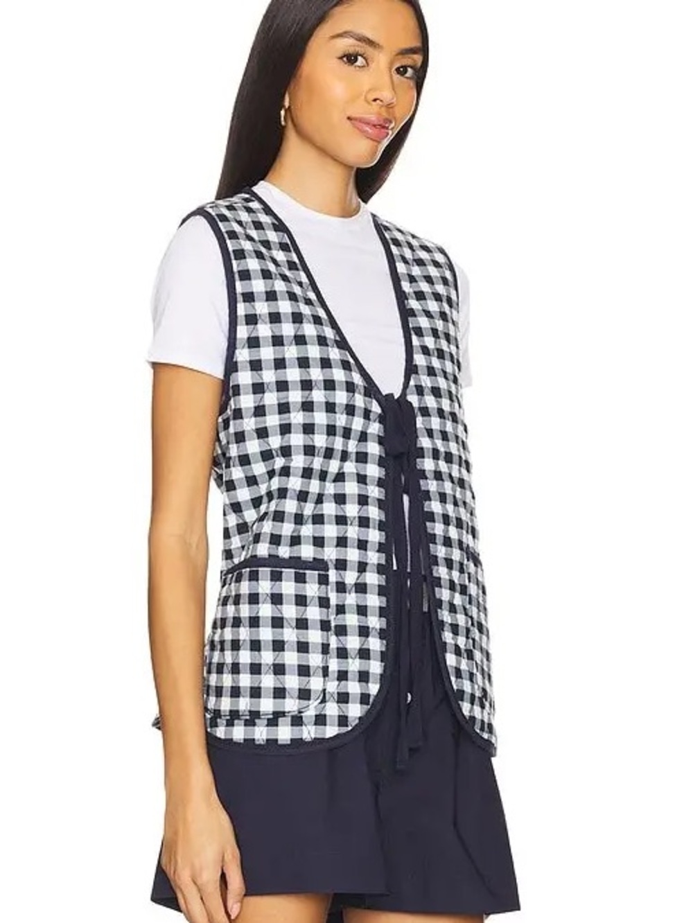 Free people Gingham Claudine Tie-Front Vest - Navy & White